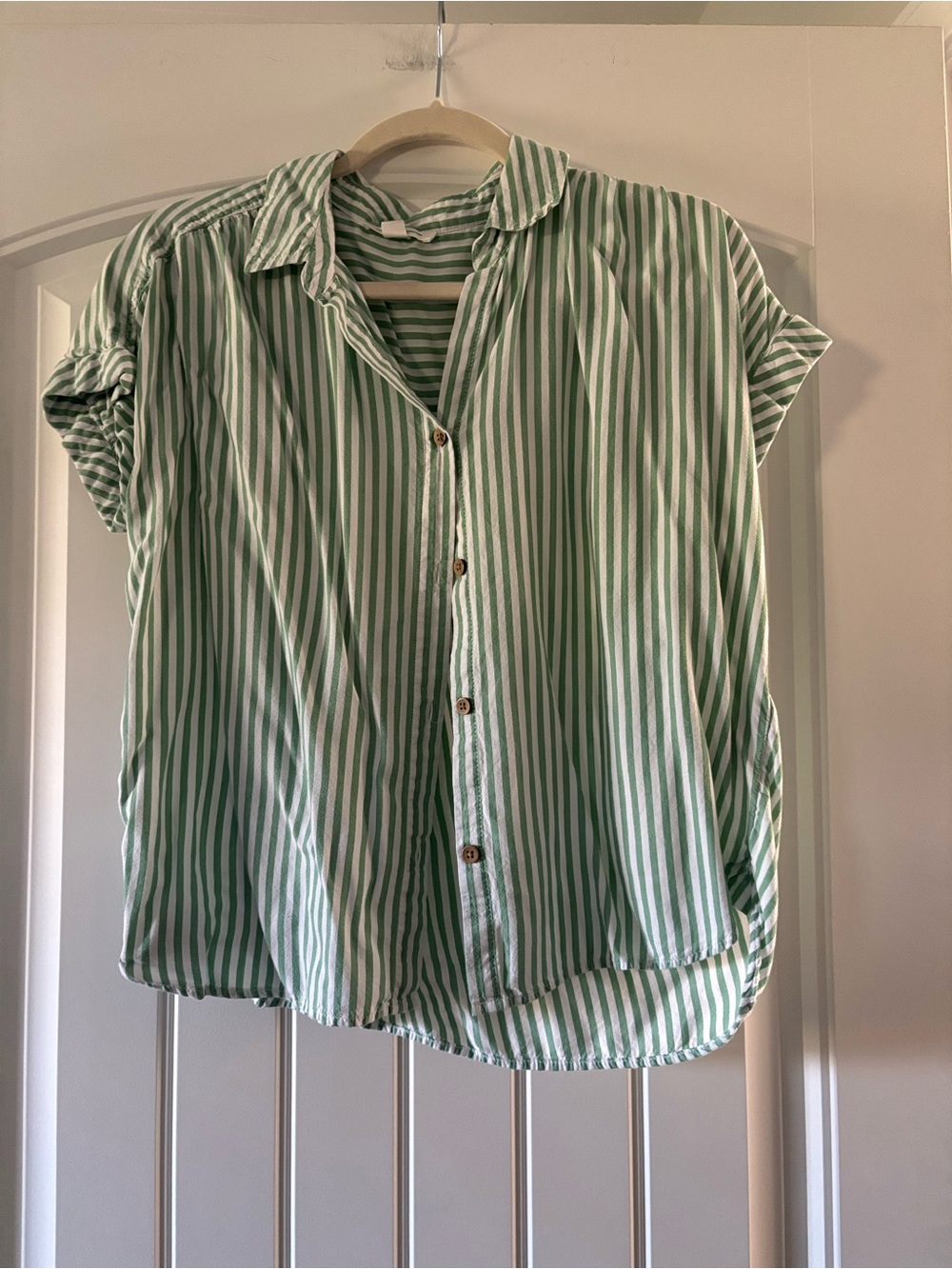 beachlunchlounge Green and White Striped Button-Down Shirt